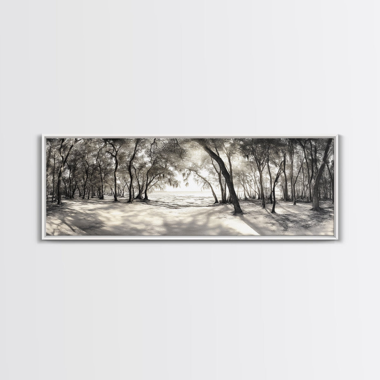 Dreamy Beach Forest, Sepia Trees, Canvas Print, Nature Wall Decor, Fall Bedroom Art, Rustic Woodland Landscape, Tree Shadow Light