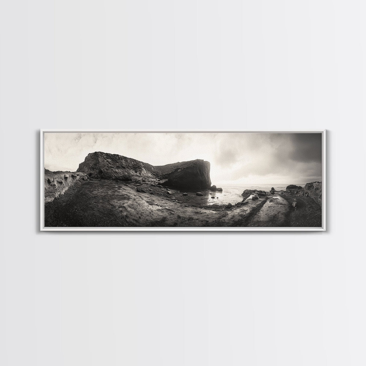 Rocky Coastal Path, Ocean Horizon View, Canvas Print, Neutral Earth Tones, Rustic Wall Art, Beach Landscape Photography, Grunge Nautical Art