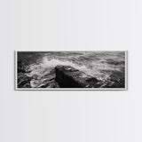 Crashing Waves Rock, Coastal Seascape, Ocean Photography, Black White Art, Framed Canvas Print, Nautical Bathroom Wall Decor