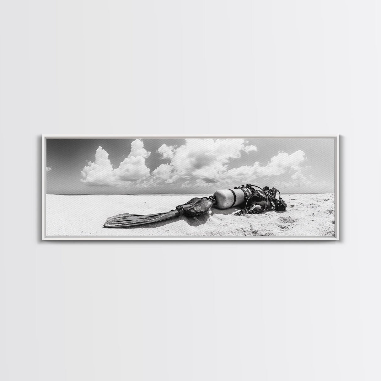 Scuba Gear, Deserted Beach, Ocean Explorer, Framed Canvas Print, minimalist beach decor, scuba diver gift, ocean wall art, travel lover art