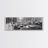 River Stream, Snow Forest, Winter Tranquility, Canvas Print, cozy cabin art, hygge home decor, Christmas wall art, woodland minimalist art