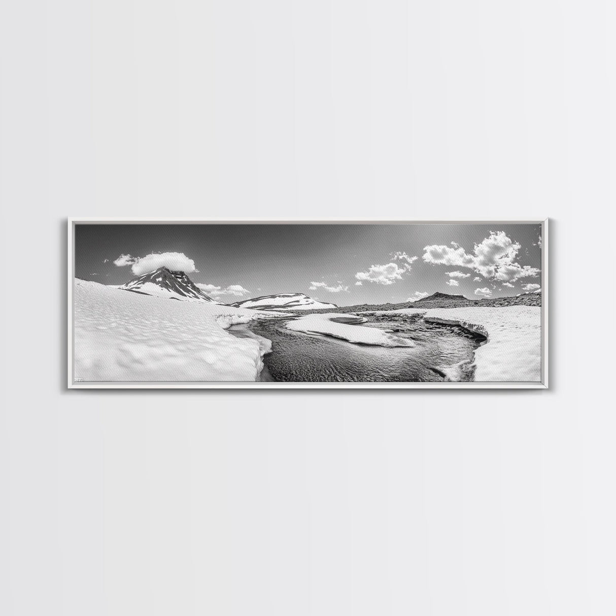 Arctic Stream, Mountain Snow, Clear Sky, Framed Canvas Print, Scandinavian decor, nature wall art, winter bedroom print, cool color tones