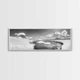 Arctic Stream, Mountain Snow, Clear Sky, Framed Canvas Print, Scandinavian decor, nature wall art, winter bedroom print, cool color tones