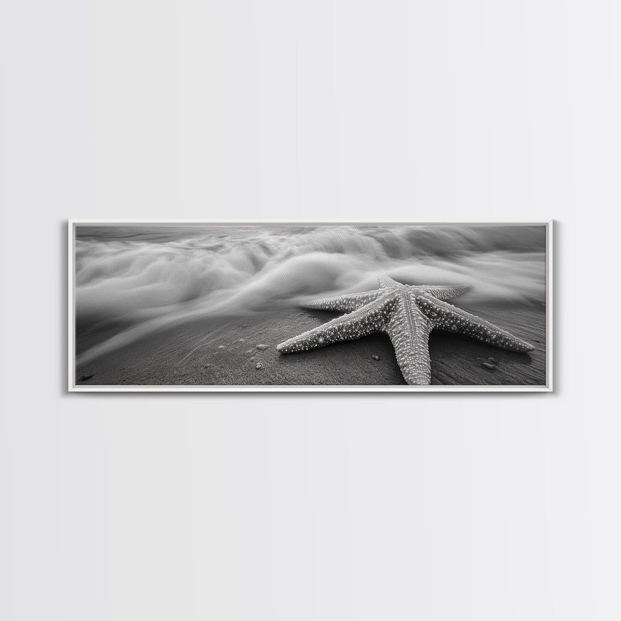 Starfish Closeup, Ocean Wave Motion, Coastal Macro Scene, Framed Canvas Print, minimalist beach decor, bathroom wall art, nautical vibe