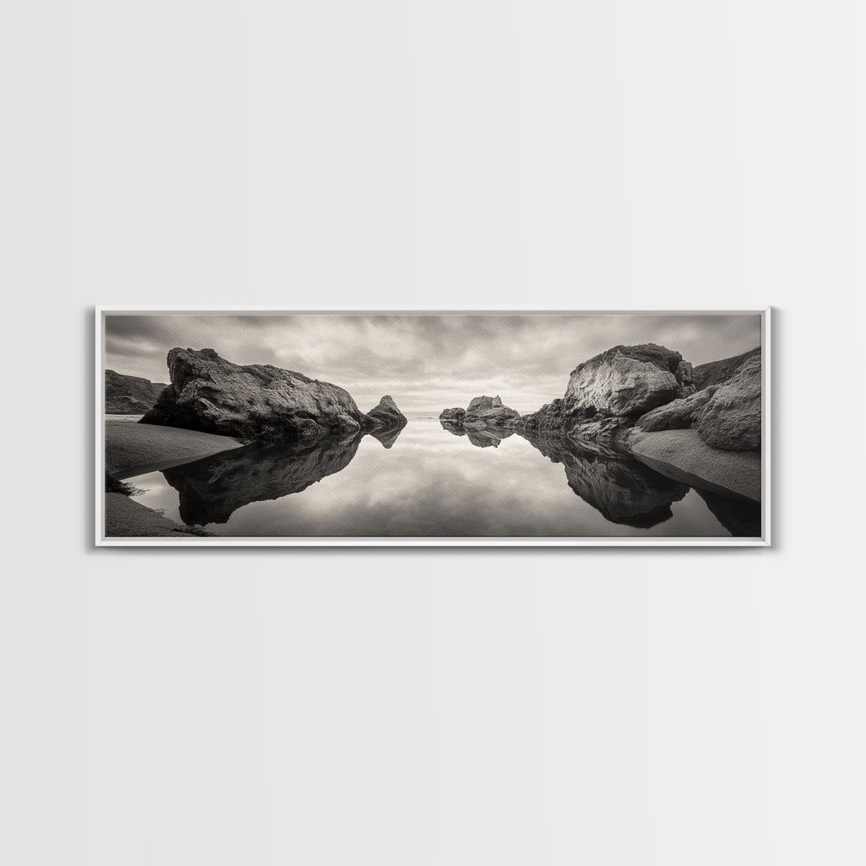 Rock Reflection, Coastal Tranquility, Nature Mirror, Framed Canvas Print, black and white coastal art, zen bathroom decor, moody ocean wall art