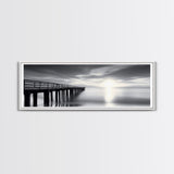 Ocean Pier, Tranquil Horizon, Serene Seascape, Framed Canvas Print, black and white beach wall art, bedroom coastal minimalism