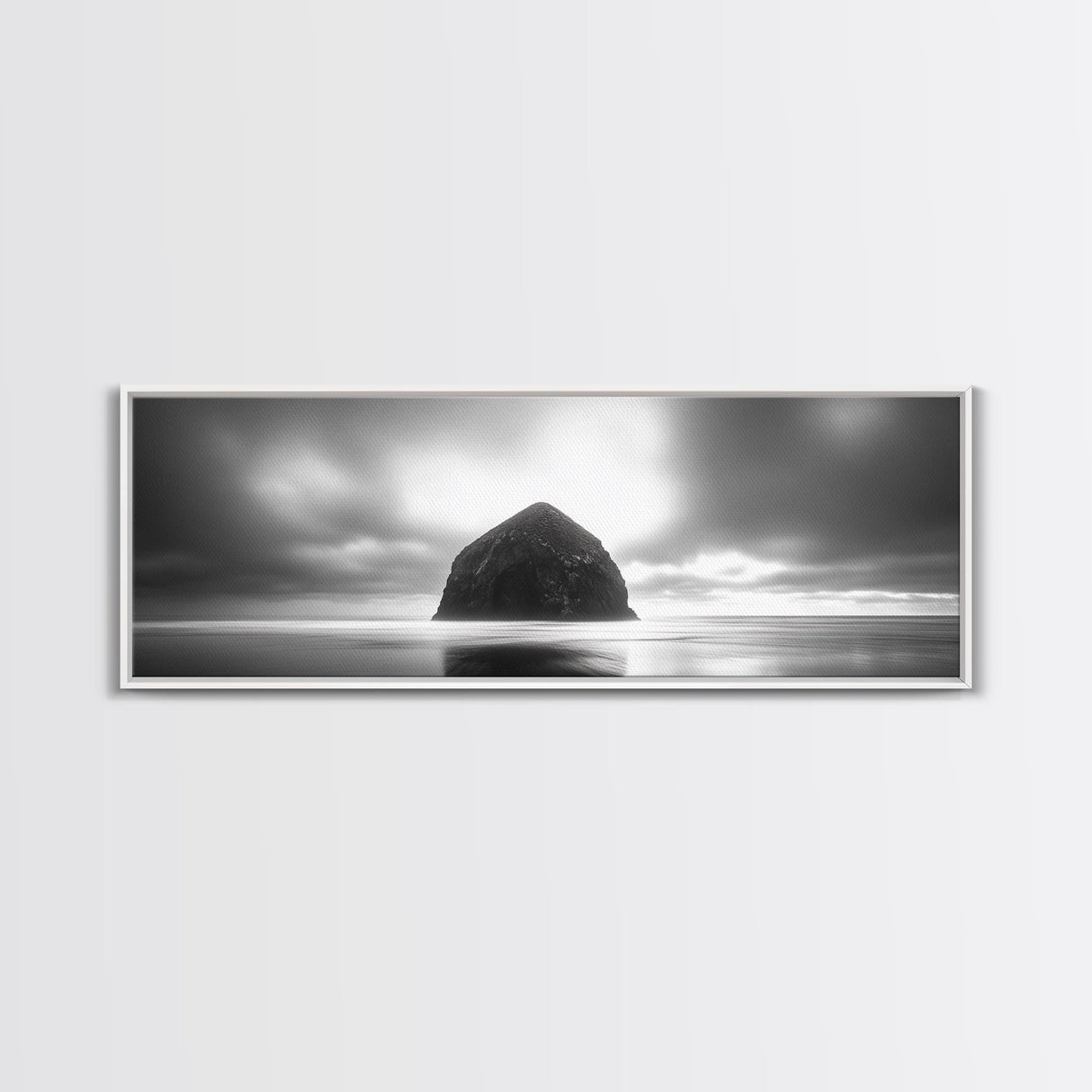 Seaside Rock Monolith, Ocean Landscape, Dramatic Sky Photography, Framed Canvas Print, Moody Wall Art, Minimalist Home Decor