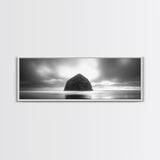 Seaside Rock Monolith, Ocean Landscape, Dramatic Sky Photography, Framed Canvas Print, Moody Wall Art, Minimalist Home Decor