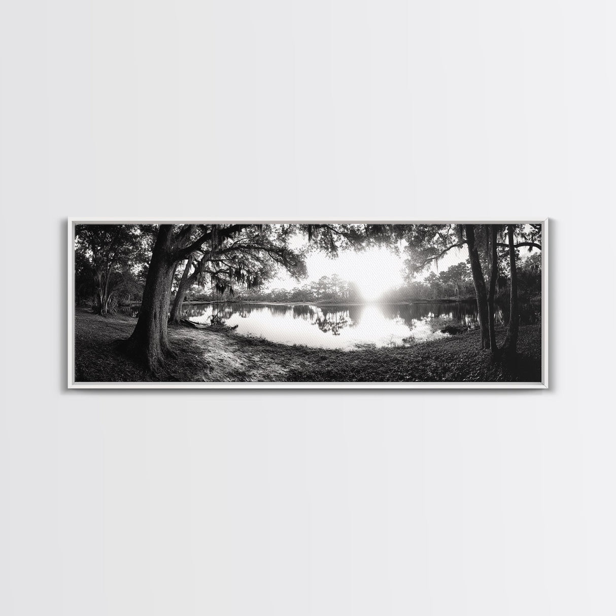 River Sunset, Mossy Trees, Tranquil Reflection, Framed Canvas Print, southern forest wall art, peaceful living room decor, rustic boho vibe