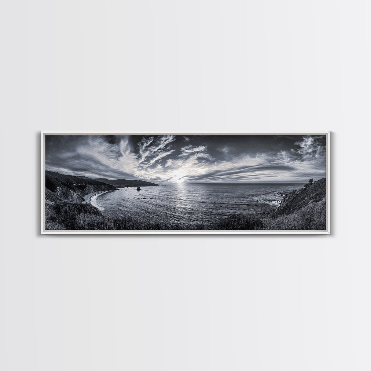 Cloudy Horizon, Wide Ocean View, Coastal Cliffs, Framed Canvas Print, dramatic seascape wall art, coastal kitchen decor, black and white