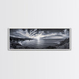 Cloudy Horizon, Wide Ocean View, Coastal Cliffs, Framed Canvas Print, dramatic seascape wall art, coastal kitchen decor, black and white
