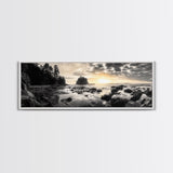 Sunset Shoreline, Moody Rocks, Forested Coast, Framed Canvas Print, nature lover gift, fall coastal art, rustic bathroom wall decor