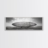 Surfboard Alone, Beach Sand, Cloudy Sky, Framed Canvas Print, minimalist surf art, coastal man cave decor, surf lover gift idea