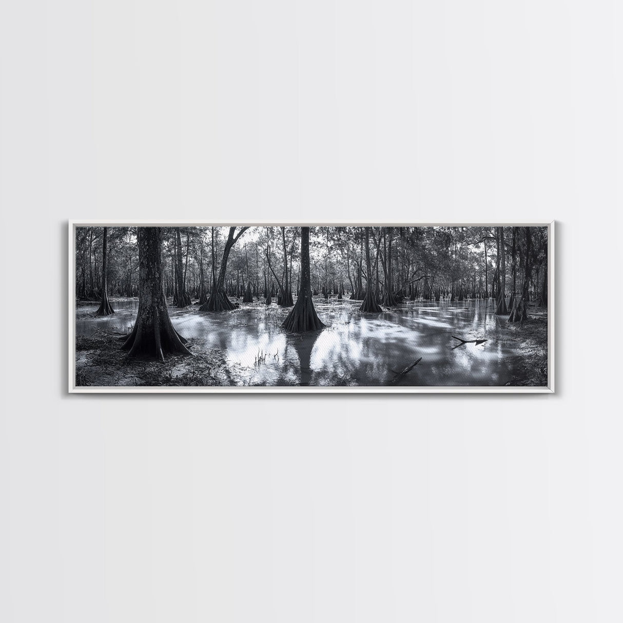 Swamp Roots, Cypress Trees, Flooded Forest, Framed Canvas Print, southern nature art, rustic lodge wall decor, moody woodland photography