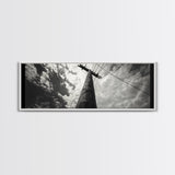 Utility Pole Sky, Urban Minimalism, Power Lines, Framed Canvas Print, Industrial Wall Art, Office Decor, Monochrome Photography