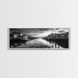 Fishing Dock, Quiet Marina, Waterside Village, Canvas Print, Nautical Wall Art, Lake House Decor, Black and White Photography