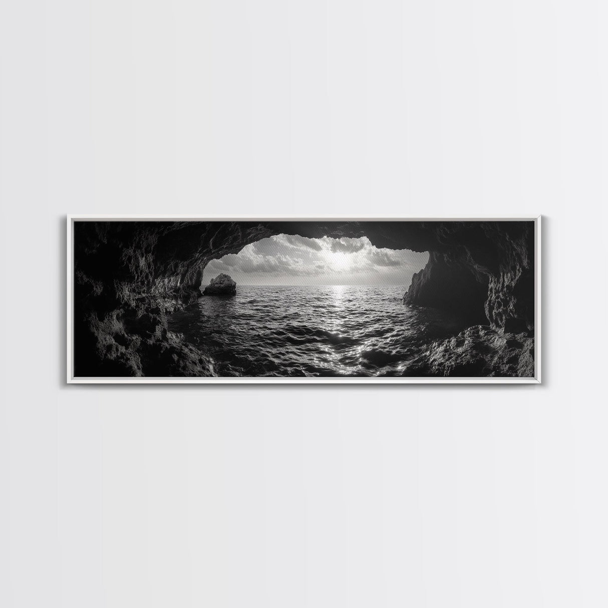 Ocean Cave, Horizon View, Seascape Tunnel, Sunset Waters, Framed Canvas Print, Coastal Bathroom Art, Nature Lover Gift, Minimal Decor