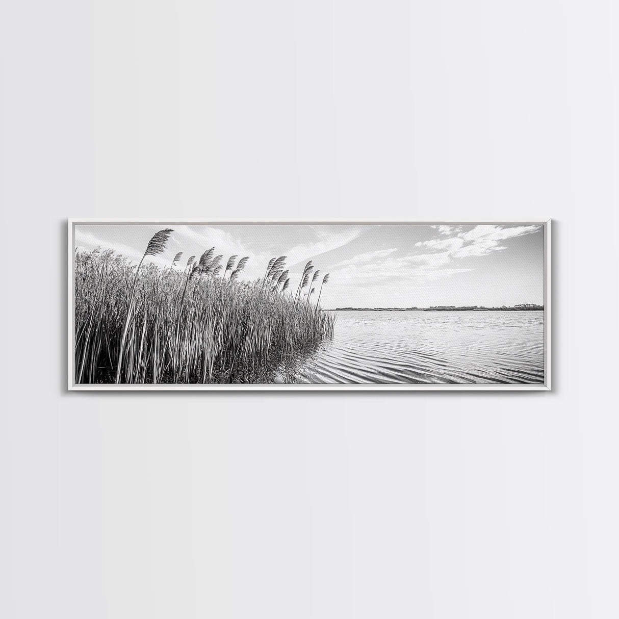 Windy Reeds, Lakeside Breeze, Natural Grass Art, Monochrome Landscape, Canvas Print, Boho Living Room Decor, Botanical Minimalist Wall Art