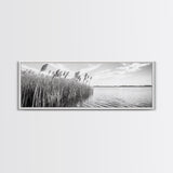 Windy Reeds, Lakeside Breeze, Natural Grass Art, Monochrome Landscape, Canvas Print, Boho Living Room Decor, Botanical Minimalist Wall Art