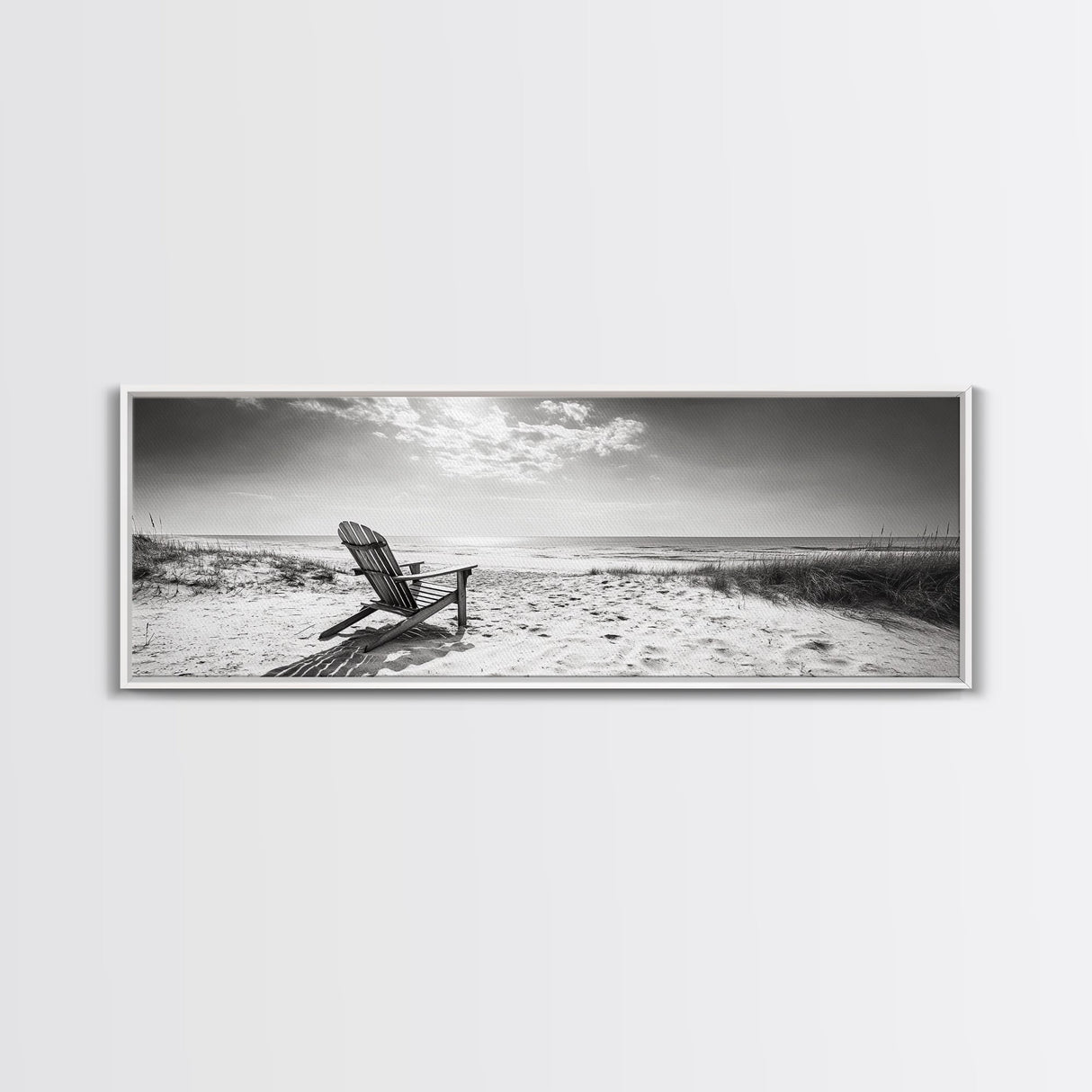Coastal Chair, Black White, Seaside Decor, Beach Life, Framed Canvas Print, Coastal wall art, minimalist art, neutral tones, coastal room