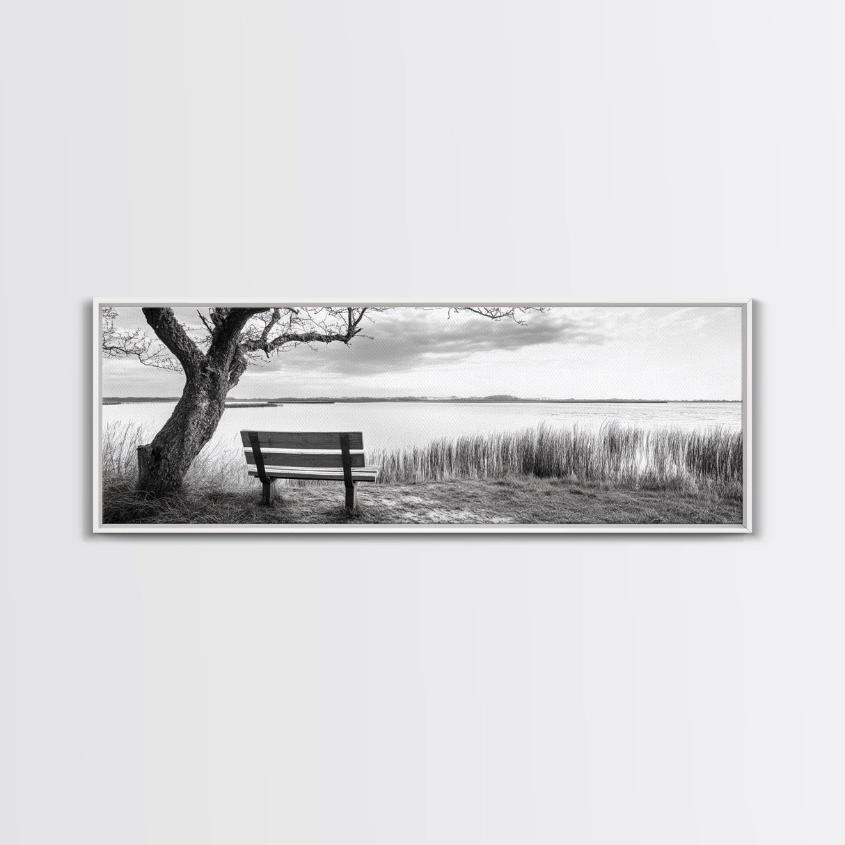 Quiet Lake Bench, Peaceful Reflection, Nature Photography, Framed Canvas Print, Serene Bedroom Decor, Minimalist Living Room Wall Art