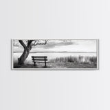 Quiet Lake Bench, Peaceful Reflection, Nature Photography, Framed Canvas Print, Serene Bedroom Decor, Minimalist Living Room Wall Art