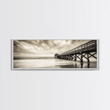 Pier at Dusk, Ocean Boardwalk, Stormy Beach Horizon, Framed Canvas Print, Moody Coastal Wall Art, Nautical Living Room Decor