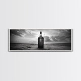 Whiskey on Beach, Bottle Seascape, Moody Coastal Still Life, Canvas Print, Masculine Bar Wall Art, Rustic Living Room Accent Piece