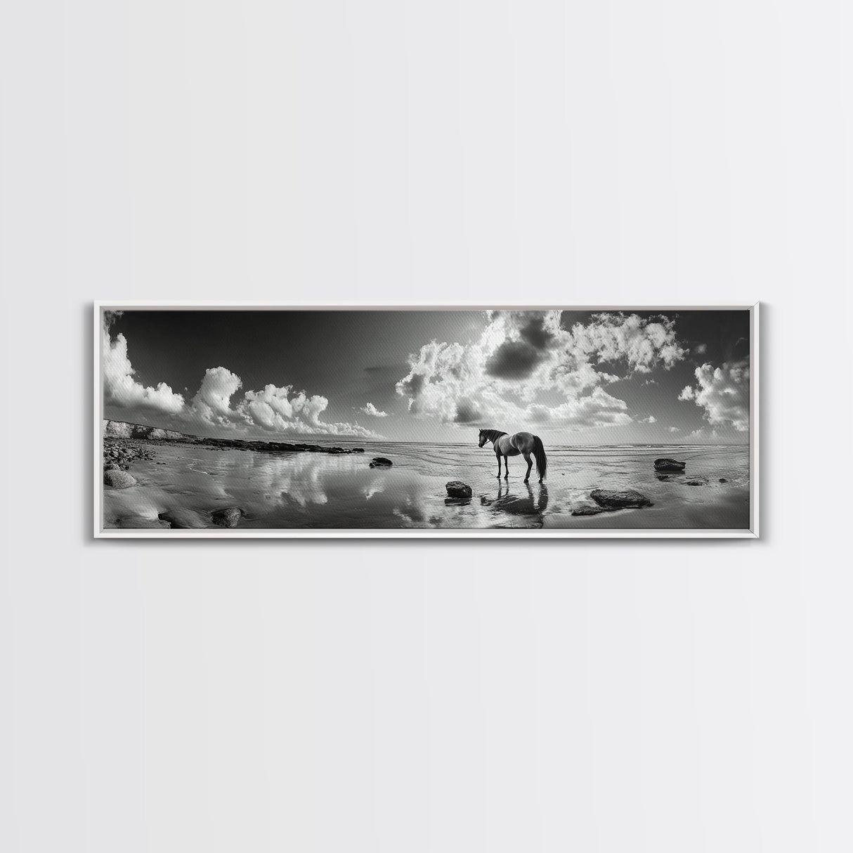 Beach Horse Reflection, Coastal Freedom, Wild Spirit Scene, Framed Canvas Print, Western Bathroom Art, Minimalist Beach House Decor