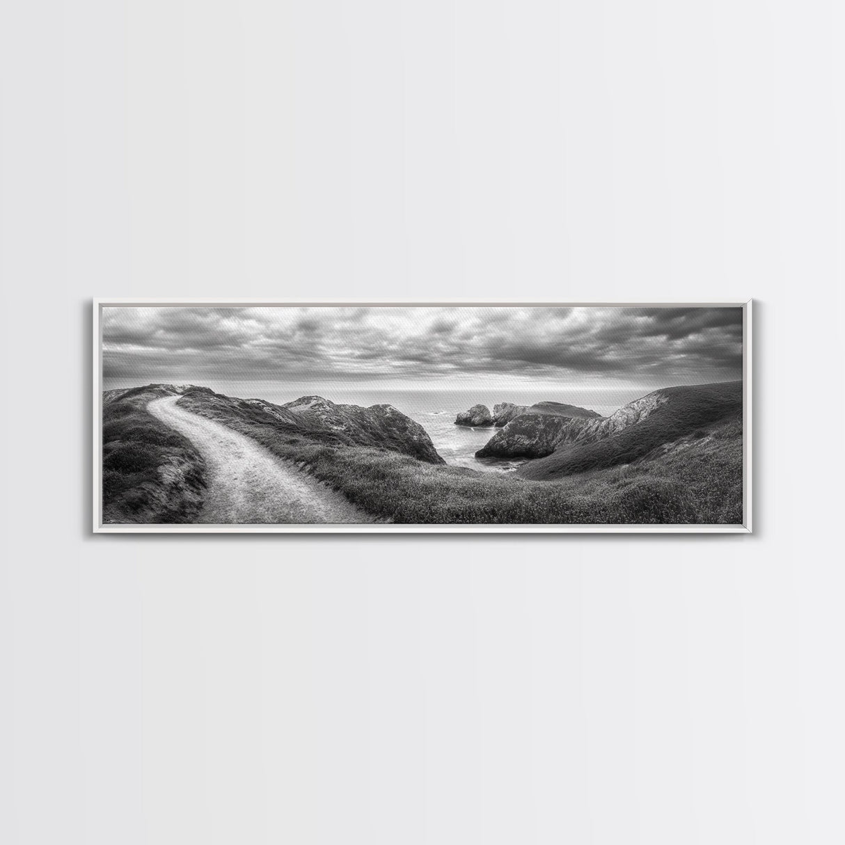 Cliff Path, Sea Escape, Moody Sky, Adventure Trail, Canvas Print, Modern Entryway Wall Art, Travel Photography, Nature Scene