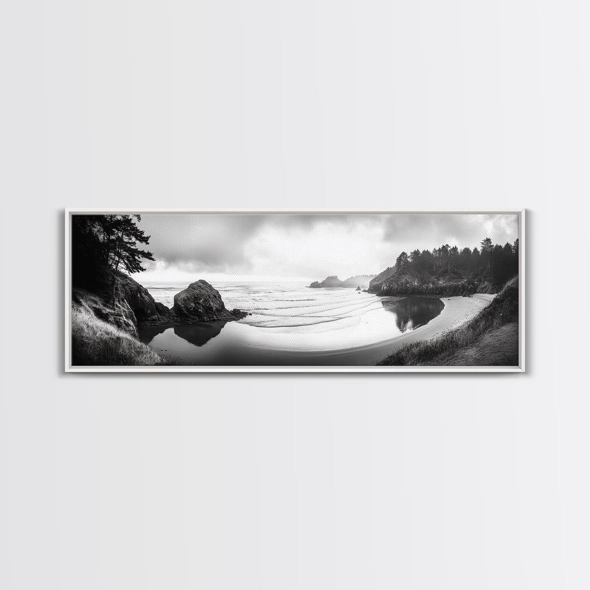 Forest Beach, Pacific Coast, Morning Mist, Tranquil Cove, Framed Canvas Print, Rustic Cabin Wall Art, Nature Landscape Photography