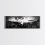 Seaside Fire, Coastal Camp, Black White, Night Shore, Framed Canvas Print, Fall decor, rustic outdoor art, cozy cabin wall art, man cave