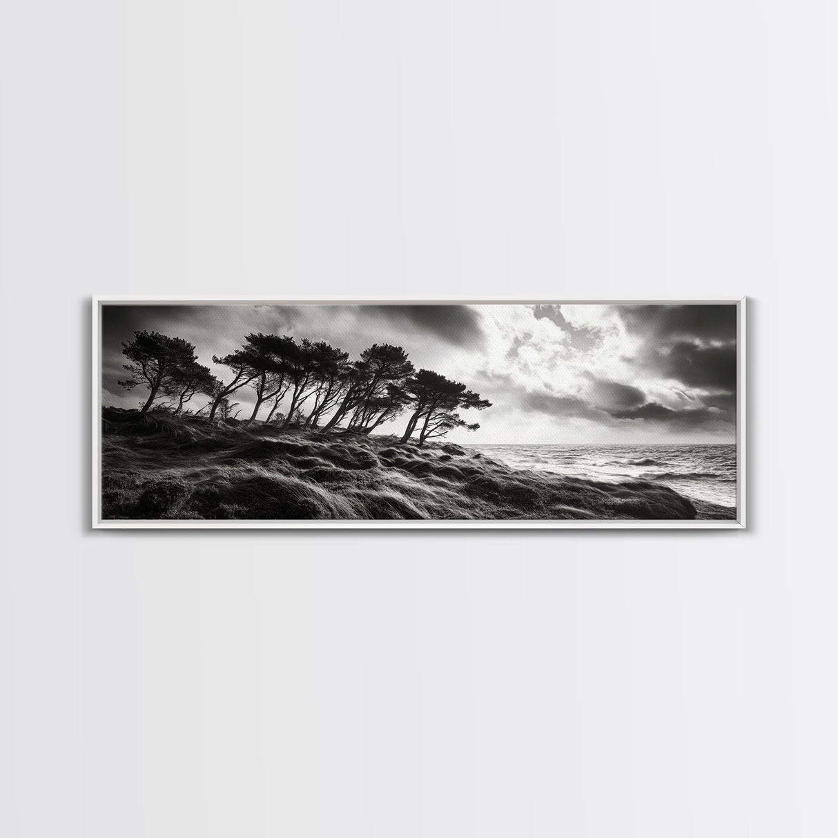 Windswept Pines, Stormy Sea, Moody Coastal Scene, Framed Canvas Print, Rustic Nature Decor, Bedroom Wall Art, Autumn Vibes