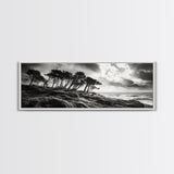 Windswept Pines, Stormy Sea, Moody Coastal Scene, Framed Canvas Print, Rustic Nature Decor, Bedroom Wall Art, Autumn Vibes