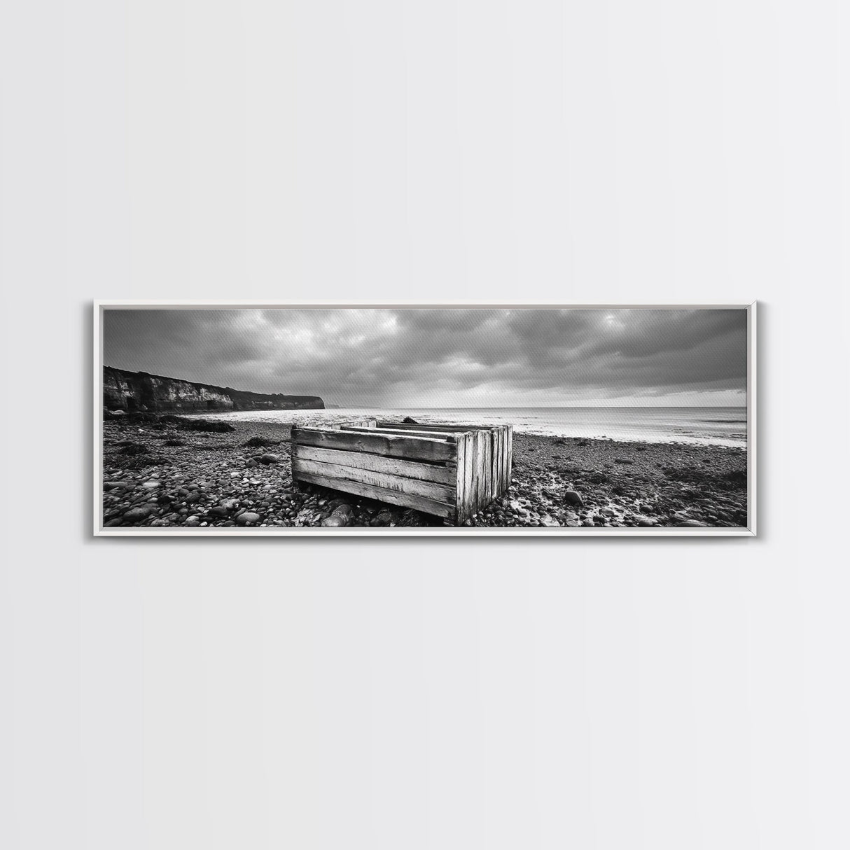 Rocky Beach, Driftwood Crate, Stormy Sky Seascape, Framed Canvas Print, Coastal Rustic Decor, Bathroom Wall Art, Monochrome Style