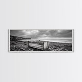 Rocky Beach, Driftwood Crate, Stormy Sky Seascape, Framed Canvas Print, Coastal Rustic Decor, Bathroom Wall Art, Monochrome Style