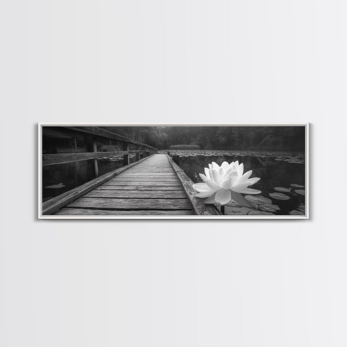 Water Lily, Peaceful Pond, Wooden Dock, Framed Canvas Print, Zen Wall Art, Meditation Room Decor, Black and White Nature Art