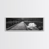 Water Lily, Peaceful Pond, Wooden Dock, Framed Canvas Print, Zen Wall Art, Meditation Room Decor, Black and White Nature Art