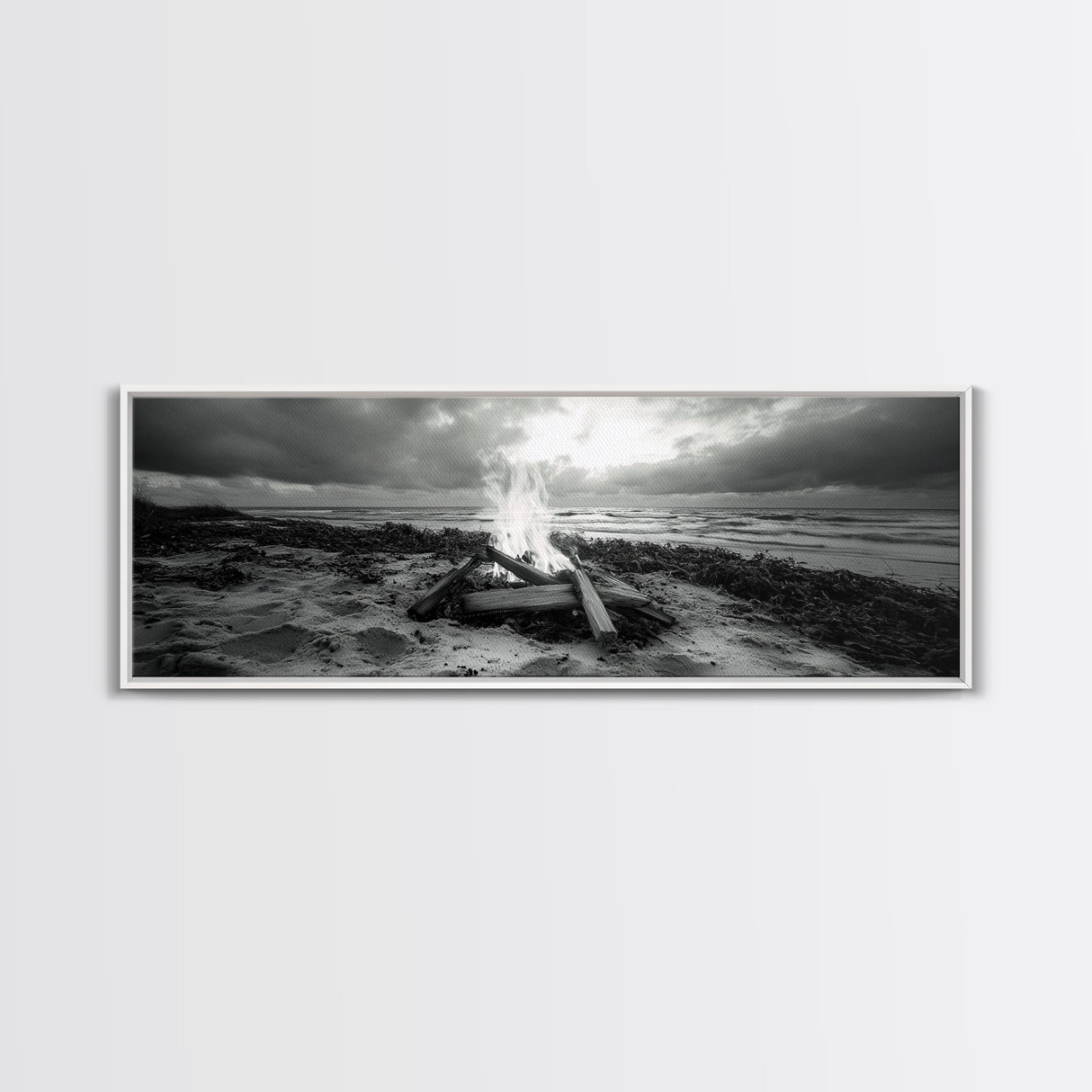 Driftwood Fire, Coastal Sky, Ocean Mood, Fall Campfire, Framed Canvas Print, rustic lake decor, bohemian fireplace art, nature wall accent