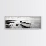 Canoe Shore, Coastal Calm, Nature Paddle, Tranquil Waters, Canvas Print, minimalist outdoor art, boho lake decor, living room wall piece