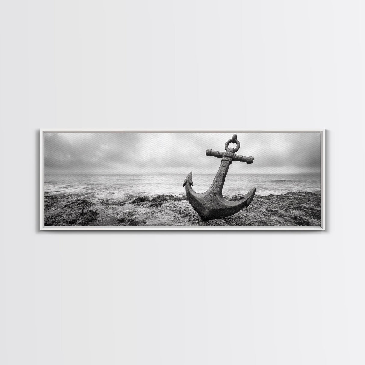 Anchor Shore, Ocean Symbol, Coastal Rust, Nautical Fog, Framed Canvas Print, Bathroom Decor, Marine Wall Art, Minimalist Nautical Style