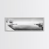 Winter Lake Reflection, Minimal Snow Scene, Bare Trees, Serene Water, Framed Canvas Print, Nordic Minimalist Art, Bedroom Wall Decor