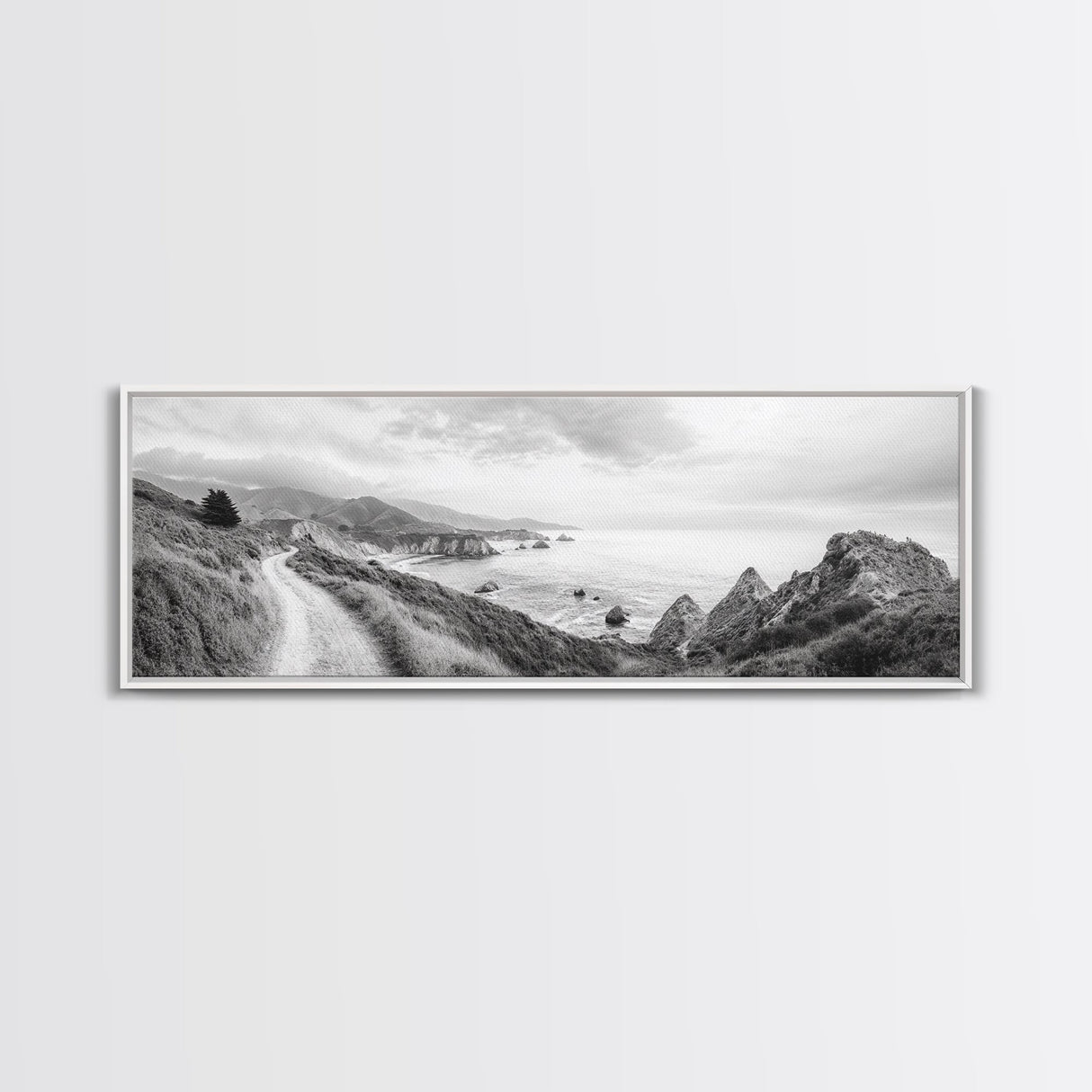 Coastal Trail View, Mountain Seascape, Minimalist Beach Path, Framed Canvas Print, Serene Landscape, Living Room Wall Art, Nature Decor