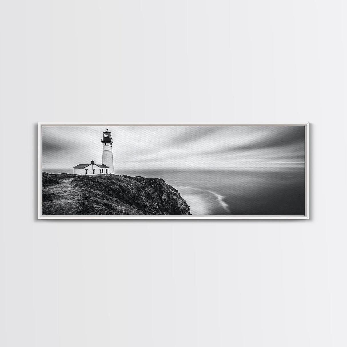 Lighthouse Serenity, Coastal Fog, Ocean Horizon, Canvas Print, Black and White Decor, Office Wall Art, Nautical Theme, Moody Photography