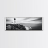 Lighthouse Serenity, Coastal Fog, Ocean Horizon, Canvas Print, Black and White Decor, Office Wall Art, Nautical Theme, Moody Photography