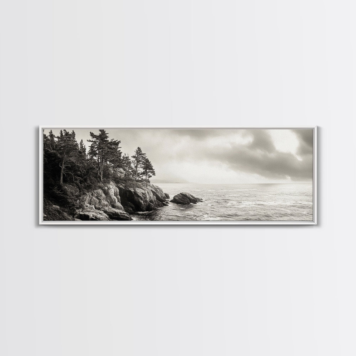 Windy Pines, Rocky Shoreline, Ocean Wilderness, Canvas Print, Vintage Nature Photography, Hallway Wall Art, Outdoor Adventure Vibe
