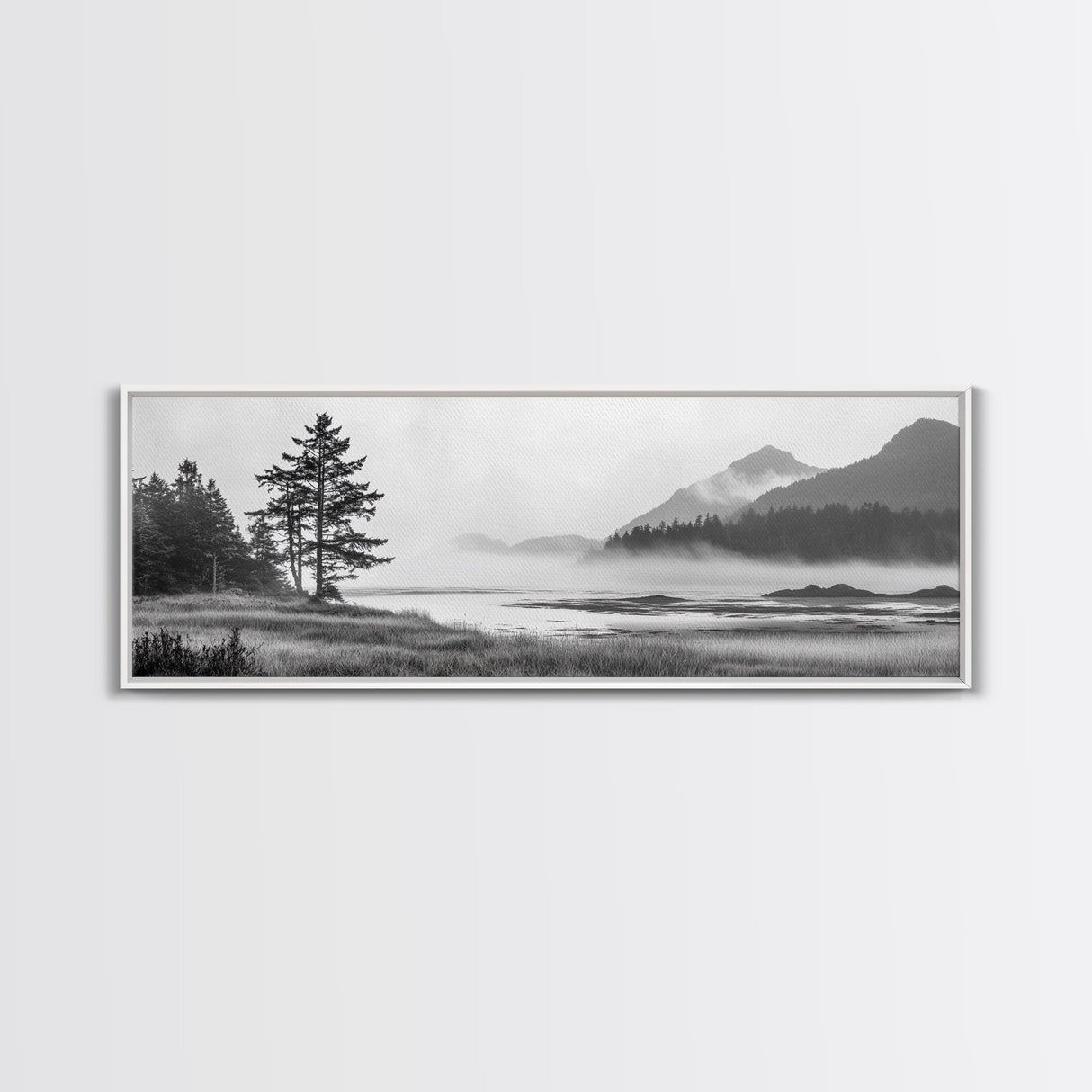 Foggy River Valley, Evergreen Mountains, Morning Mist Landscape, Framed Canvas Print, Tranquil Bedroom Art, Nature Inspired Decor