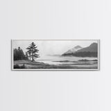 Foggy River Valley, Evergreen Mountains, Morning Mist Landscape, Framed Canvas Print, Tranquil Bedroom Art, Nature Inspired Decor