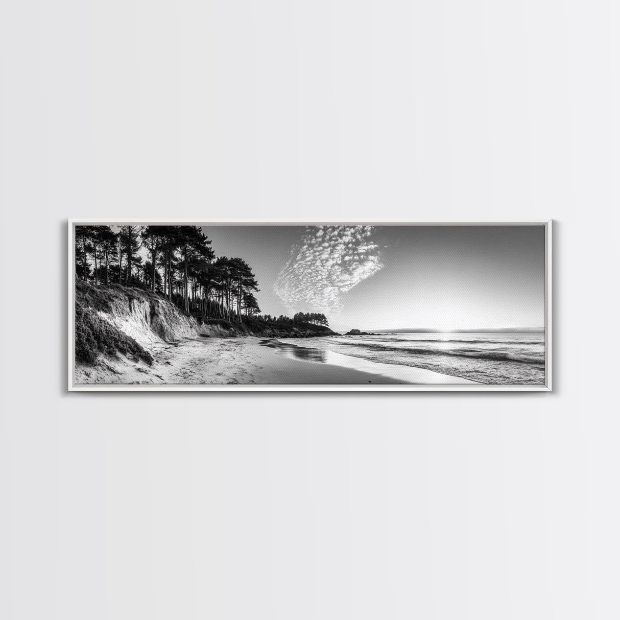 Forest Edge Beach, Coastal Sandscape, Sunset Sky, Canvas Print, Black and White Landscape, Coastal Living Room Art, Natural Vibes