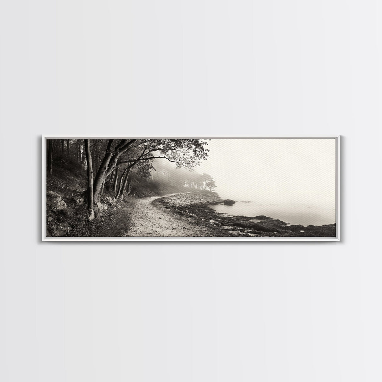 Forest Path, Misty Woods, Quiet Trail, Coastal Fog, Framed Canvas Print, Scandinavian Decor, Entryway Art, Minimal Nature Photography